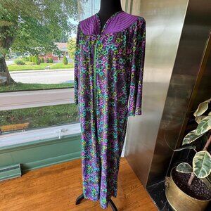 Vintage 1970s robe, purple pink teal floral, nylon house dress, bell sleeves